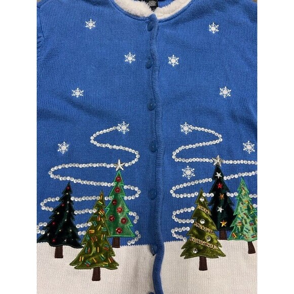 Crystal Kobe powder blue Cardigan Embellished Sequin Christmas Tree Sweater 3XL - Picture 5 of 11